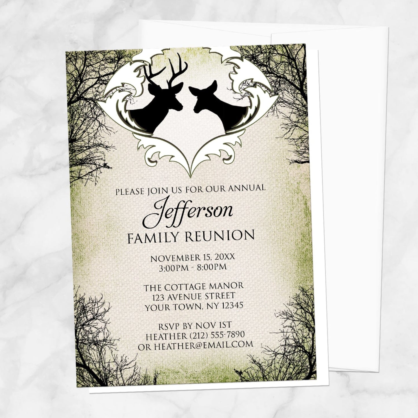 Rustic Deer Frame Canvas Family Reunion Invitation shown on a marble surface with a white envelope.