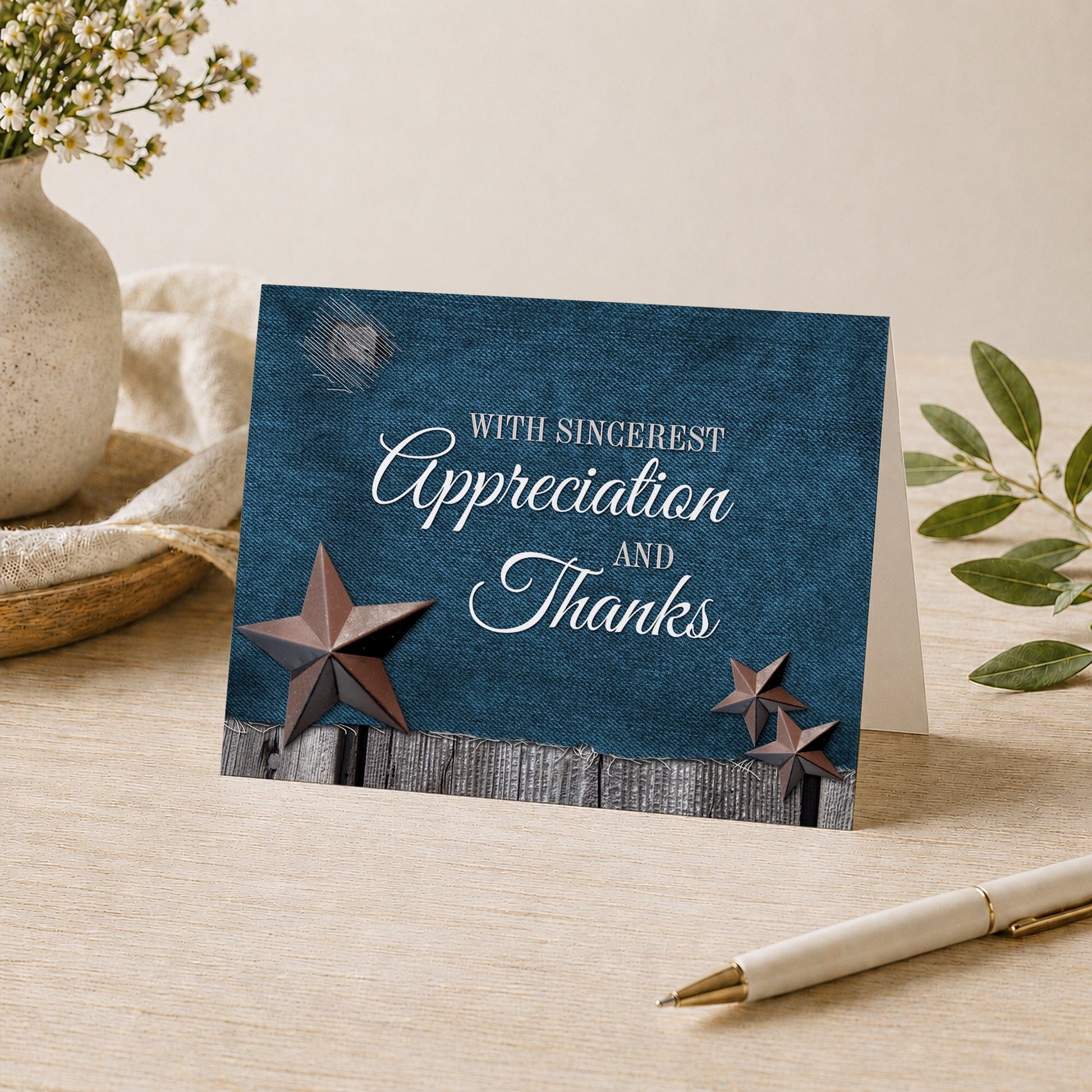 Rustic Denim Country Stars Thank You Card shown on a desk with a vase, plants, and a pen.
