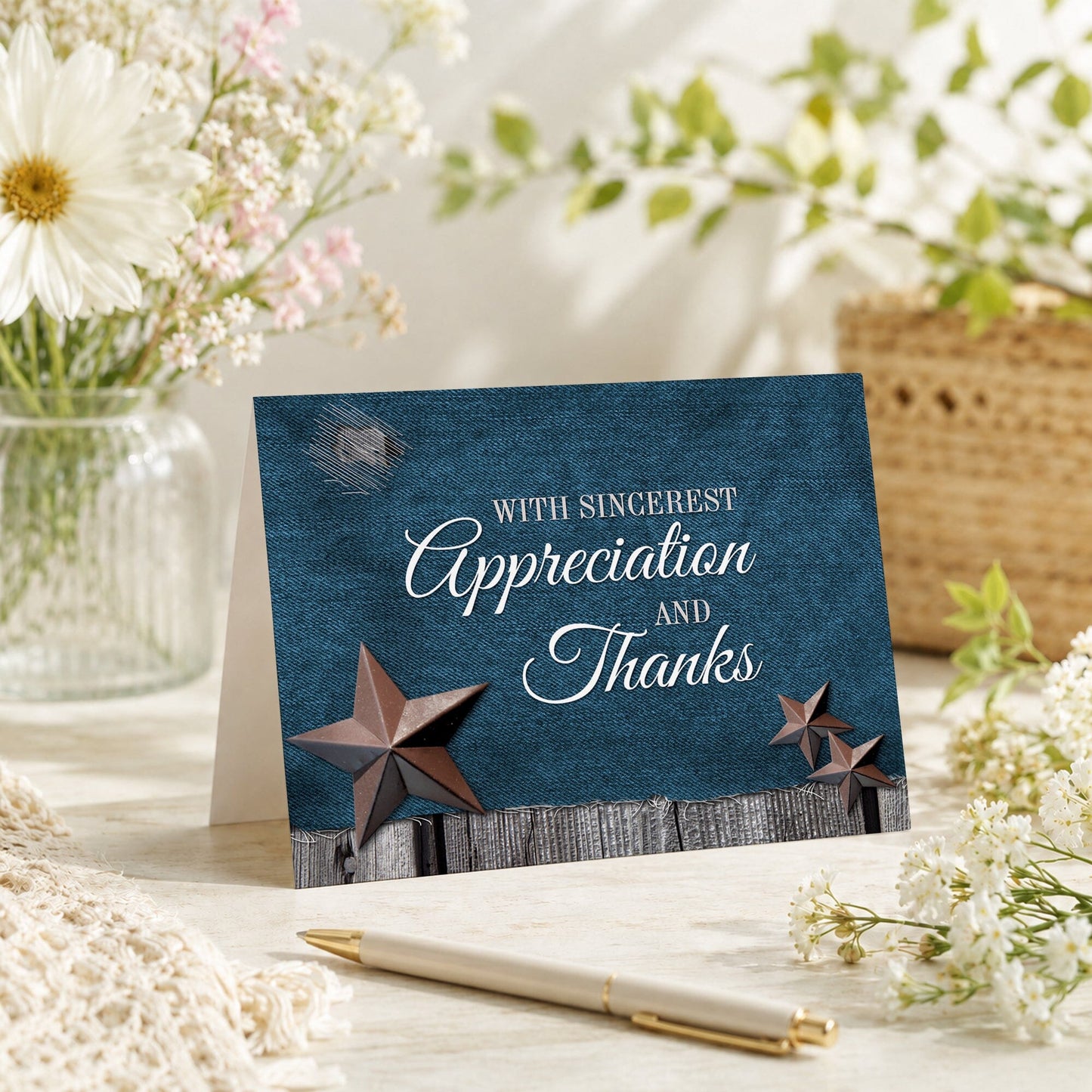 Rustic Denim Country Stars Thank You Card shown on a tabletop with a vase, spring and summer flowers, and a pen.