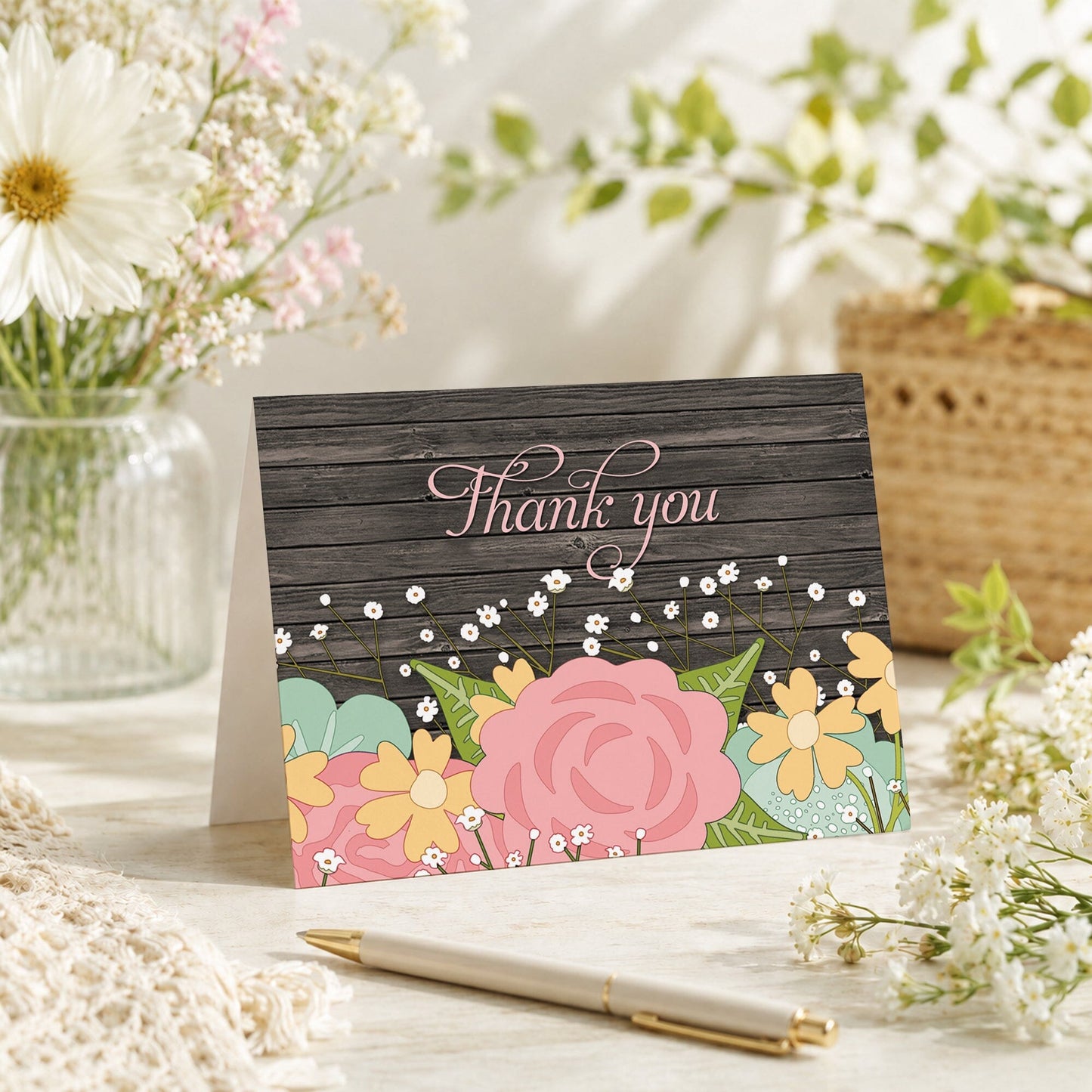 Rustic Floral Wood Baby's Breath Thank You Card shown on a tabletop with a vase, spring and summer flowers, and a pen.