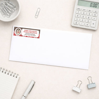 Rustic Hedgehog Red Plaid Address Label shown on a white envelope with everyday office supplies