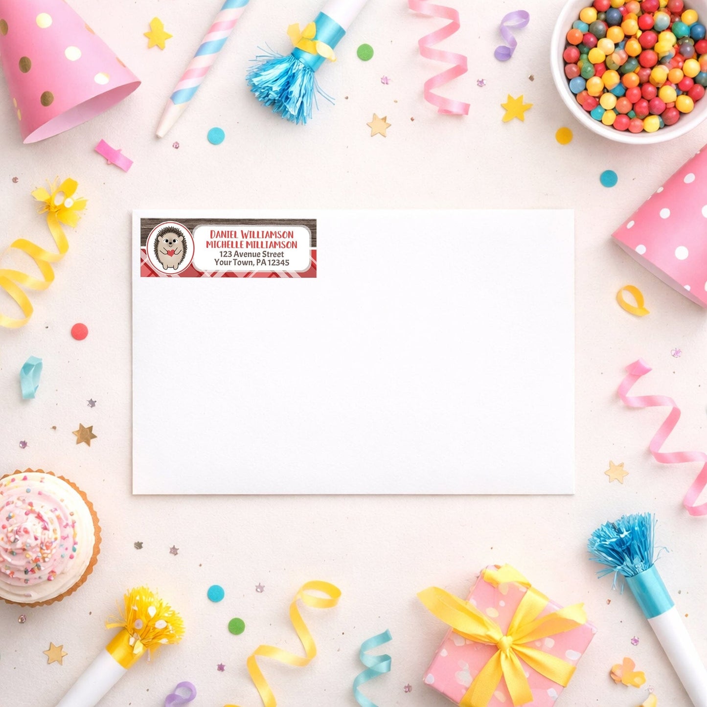 Rustic Hedgehog Red Plaid Address Label shown on a white envelope with party supplies