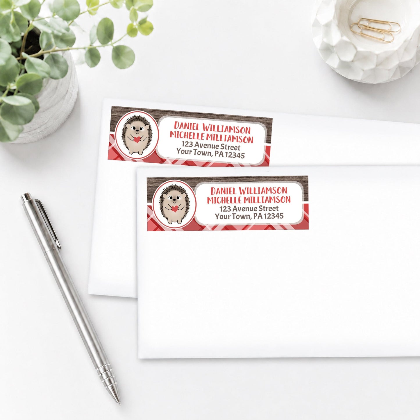 Rustic Hedgehog Red Plaid Address Labels, shown on white envelopes, on a white surface with a plant and a pen.