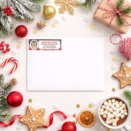 Rustic Hedgehog Red Plaid Address Label shown on a white envelope with winter Christmas holiday supplies
