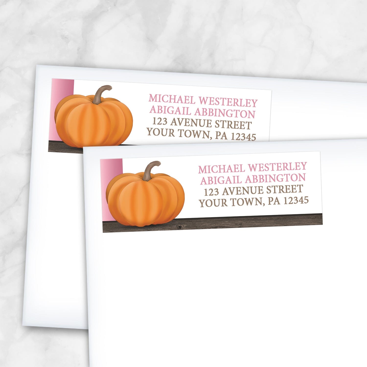 2 Rustic Orange Pink Pumpkin Address Labels shown on white envelopes on a marble surface