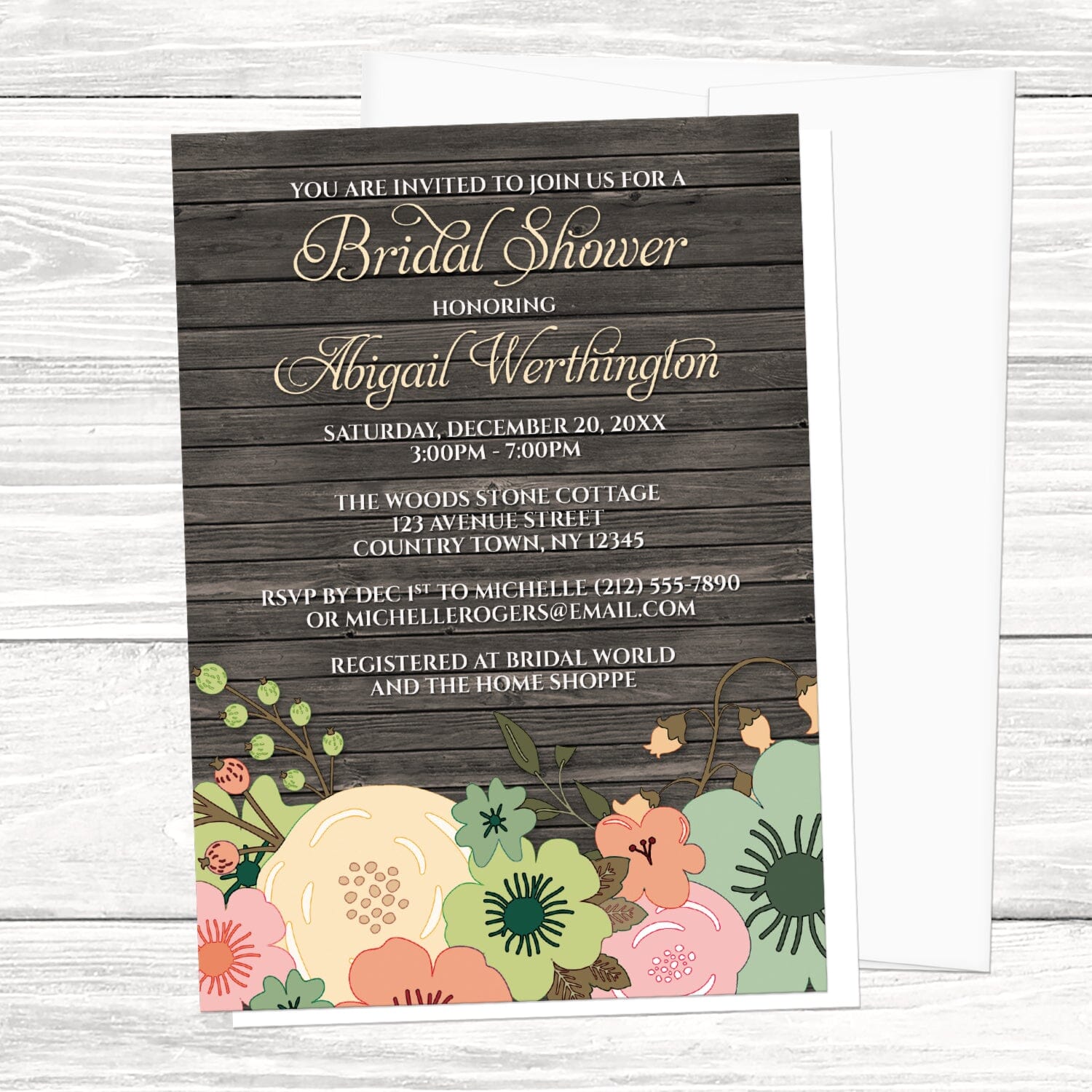 Rustic Orange Teal Floral Wood Bridal Shower Invitation shown on a light wood surface with a white envelope.