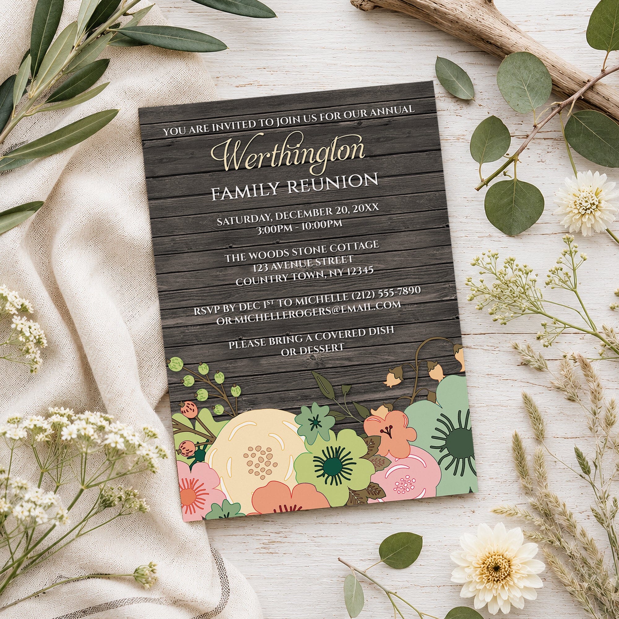 Rustic Orange Teal Floral Wood Family Reunion Invitation