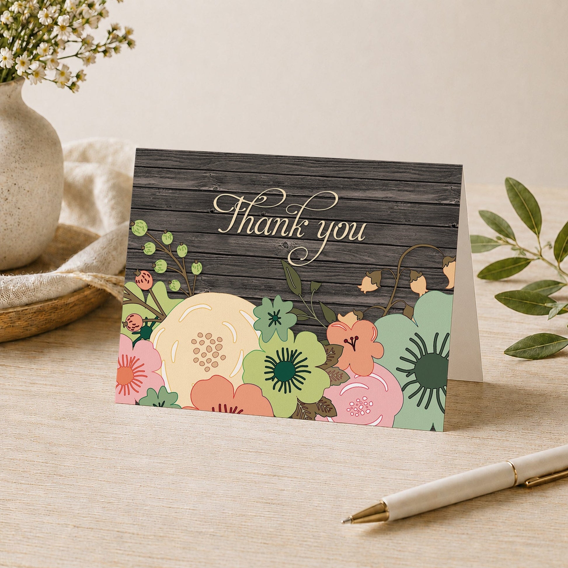 Rustic Orange Teal Floral Wood Thank You Card shown on a desk with a vase, plants, and a pen.