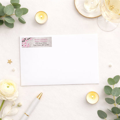 Rustic Pink Cherry Blossom Address Label shown on a white envelope with wedding and shower supplies