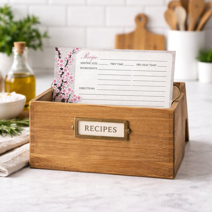Rustic Pink Cherry Blossom Recipe Card shown in a wooden recipe box