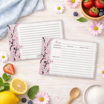 Rustic Pink Cherry Blossom Recipe Cards on a kitchen counter with spring and summer ingredients