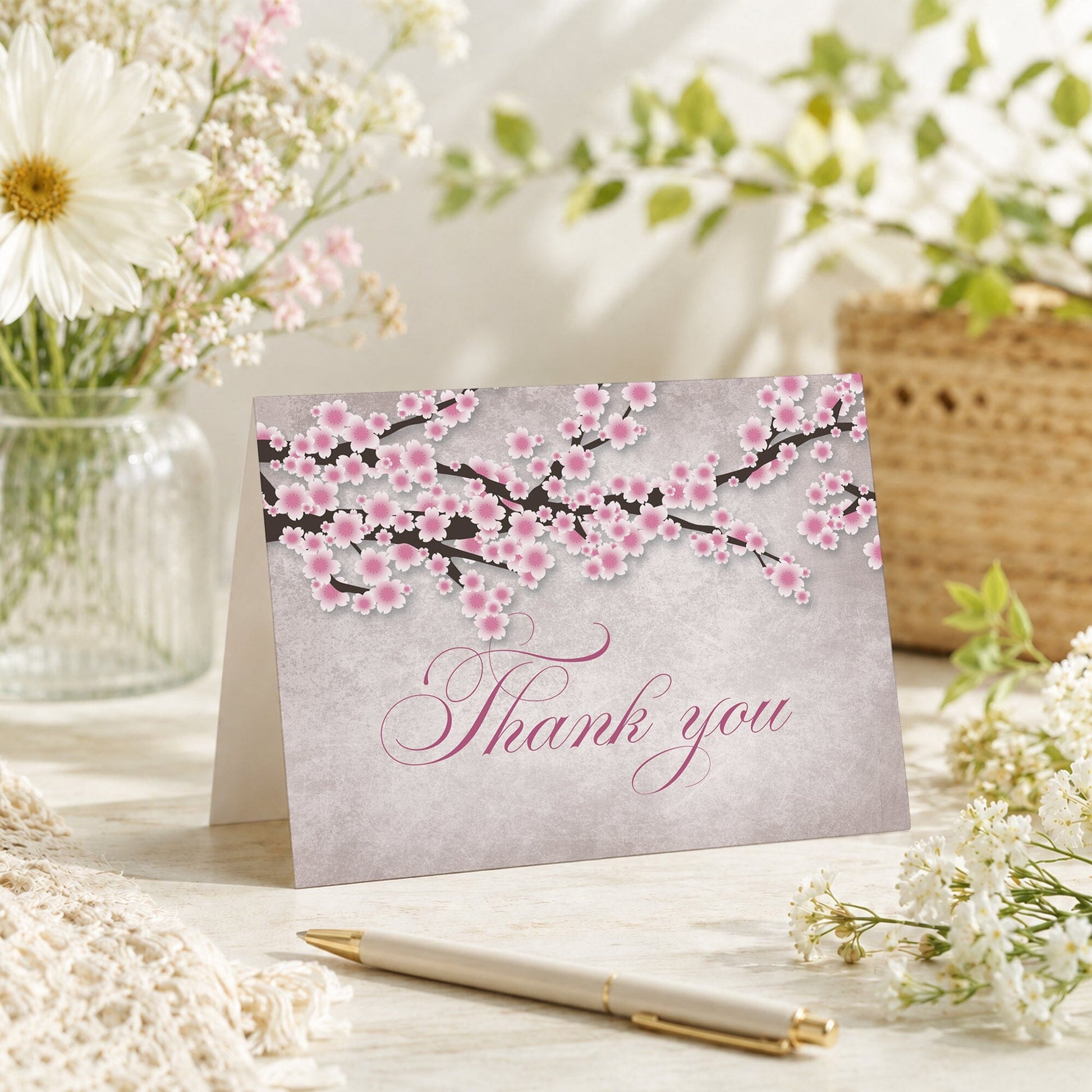 Rustic Pink Cherry Blossom Thank You Card on a tabletop with a vase, spring and summer flowers, and a pen.