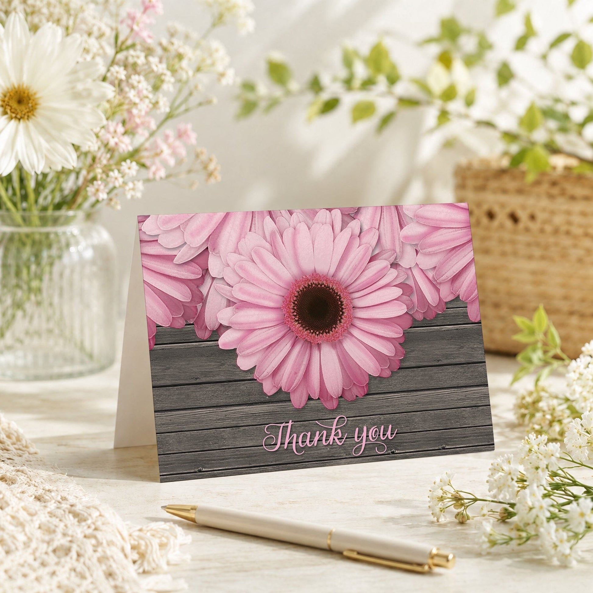 Rustic Pink Daisy Brown Wood Thank You Card on a tabletop with a vase, spring and summer flowers, and a pen.