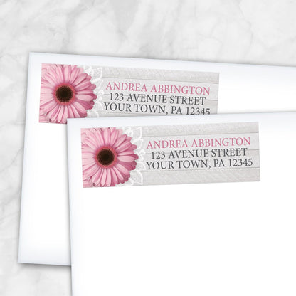 2 Rustic Pink Daisy Gray Wood Address Labels shown on white envelopes on a marble surface