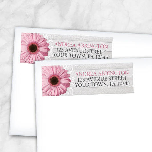 2 Rustic Pink Daisy Gray Wood Address Labels shown on white envelopes on a marble surface