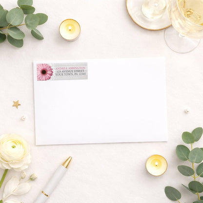 Rustic Pink Daisy Gray Wood Address Label shown on a white envelope with wedding and shower supplies
