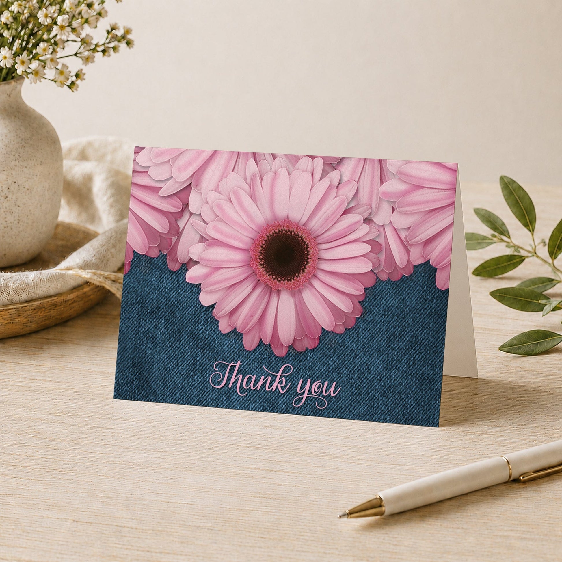 Rustic Pink Daisy and Denim Thank You Card shown on a tabletop with a vase, plants, and a pen.