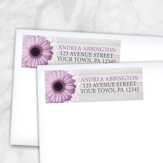 2 Rustic Purple Daisy Gray Wood Address Labels shown on white envelopes on a marble surface
