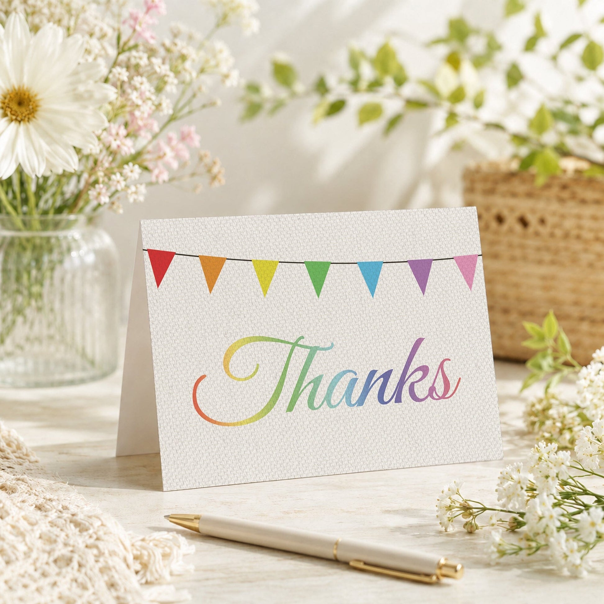 Rustic Rainbow Bunting Flags Thank You Card shown on a tabletop with a vase, spring and summer flowers, and a pen.