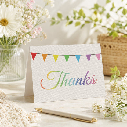 Rustic Rainbow Bunting Flags Thank You Card shown on a tabletop with a vase, spring and summer flowers, and a pen.