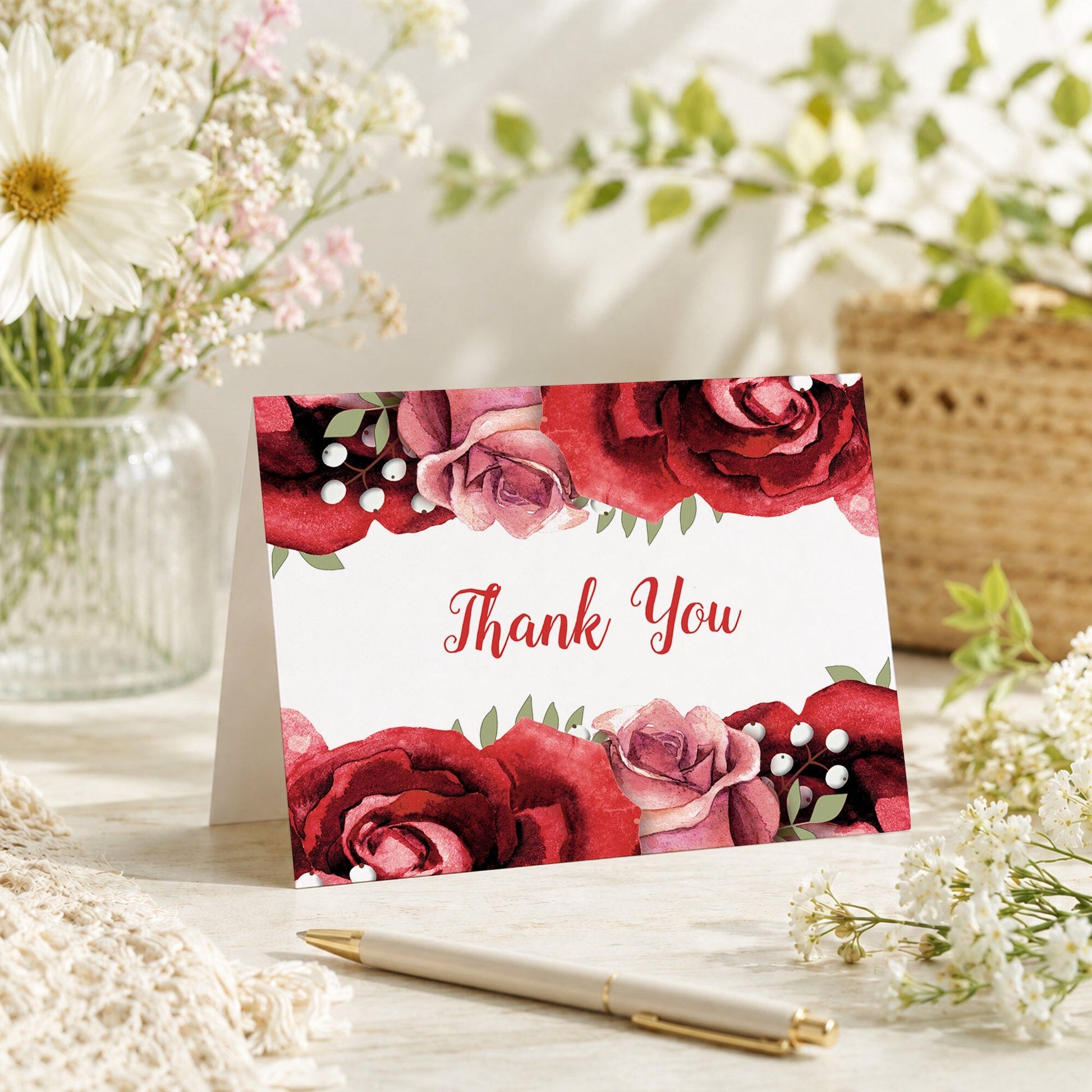 Rustic Red Pink Rose Green White Thank You Card shown on a tabletop with a vase, spring and summer flowers, and a pen.