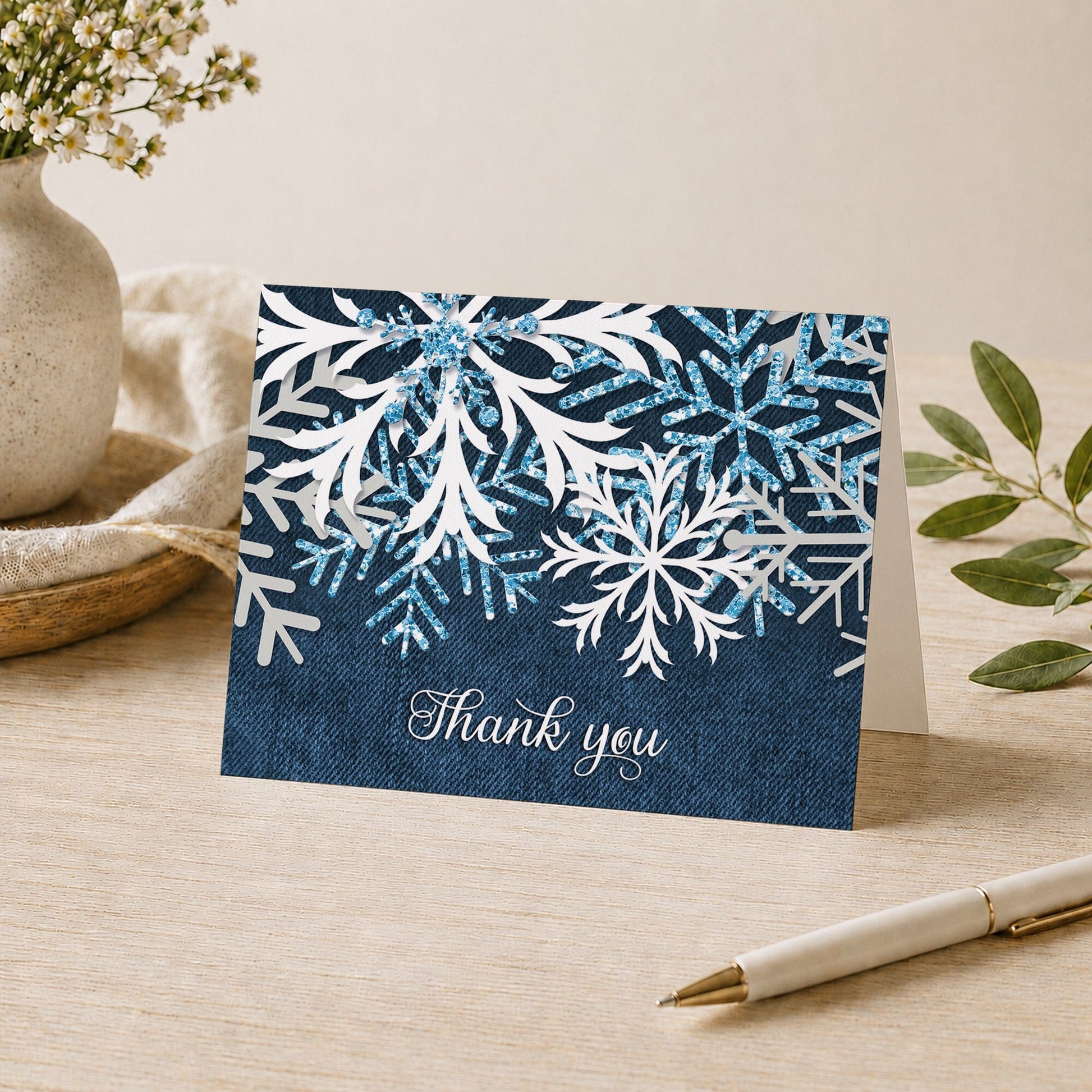 Rustic Snowflake Denim Winter Thank You Card shown on a desk with a vase, plants, and a pen.