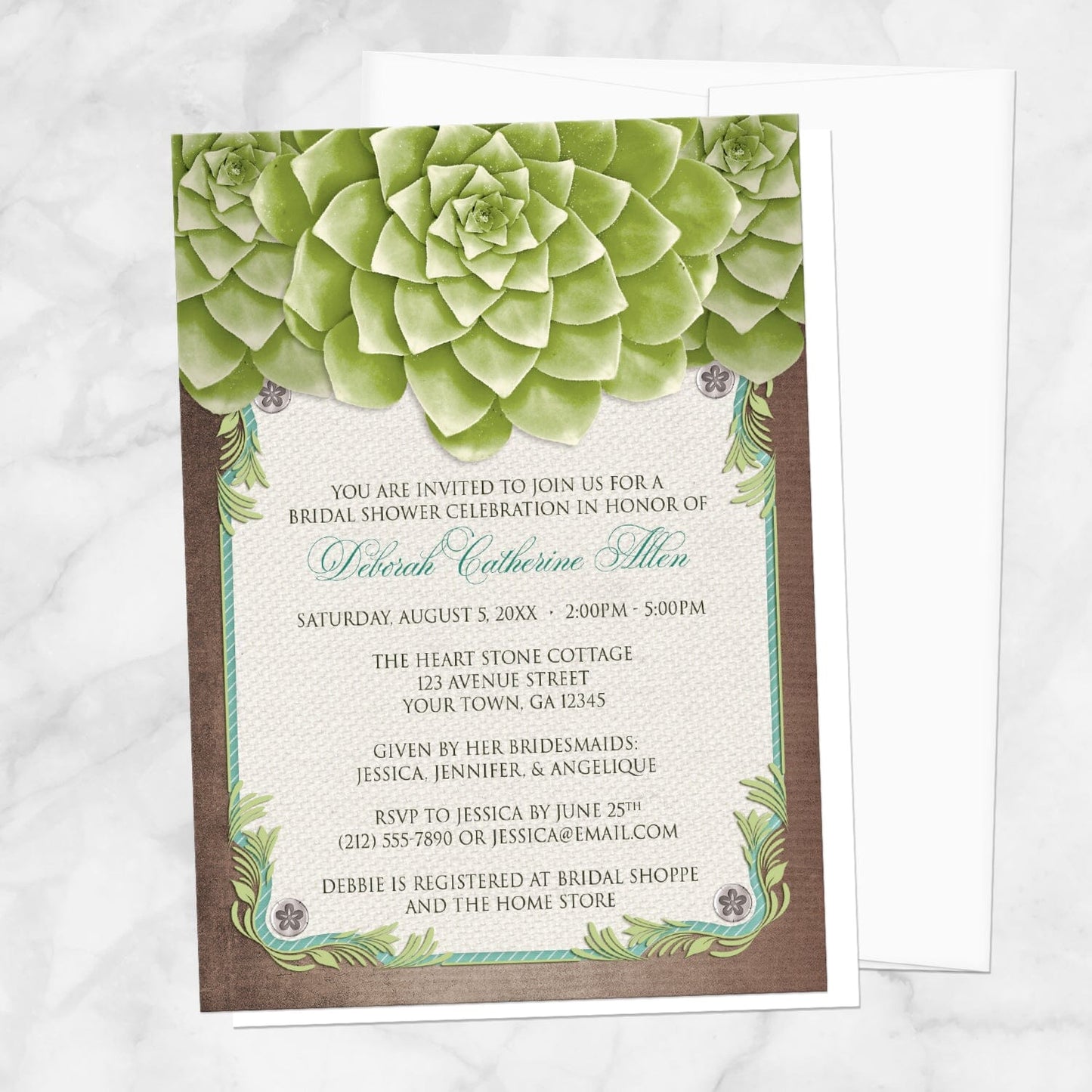 Rustic Succulent Garden Bridal Shower Invitation shown on a marble surface with a white envelope.