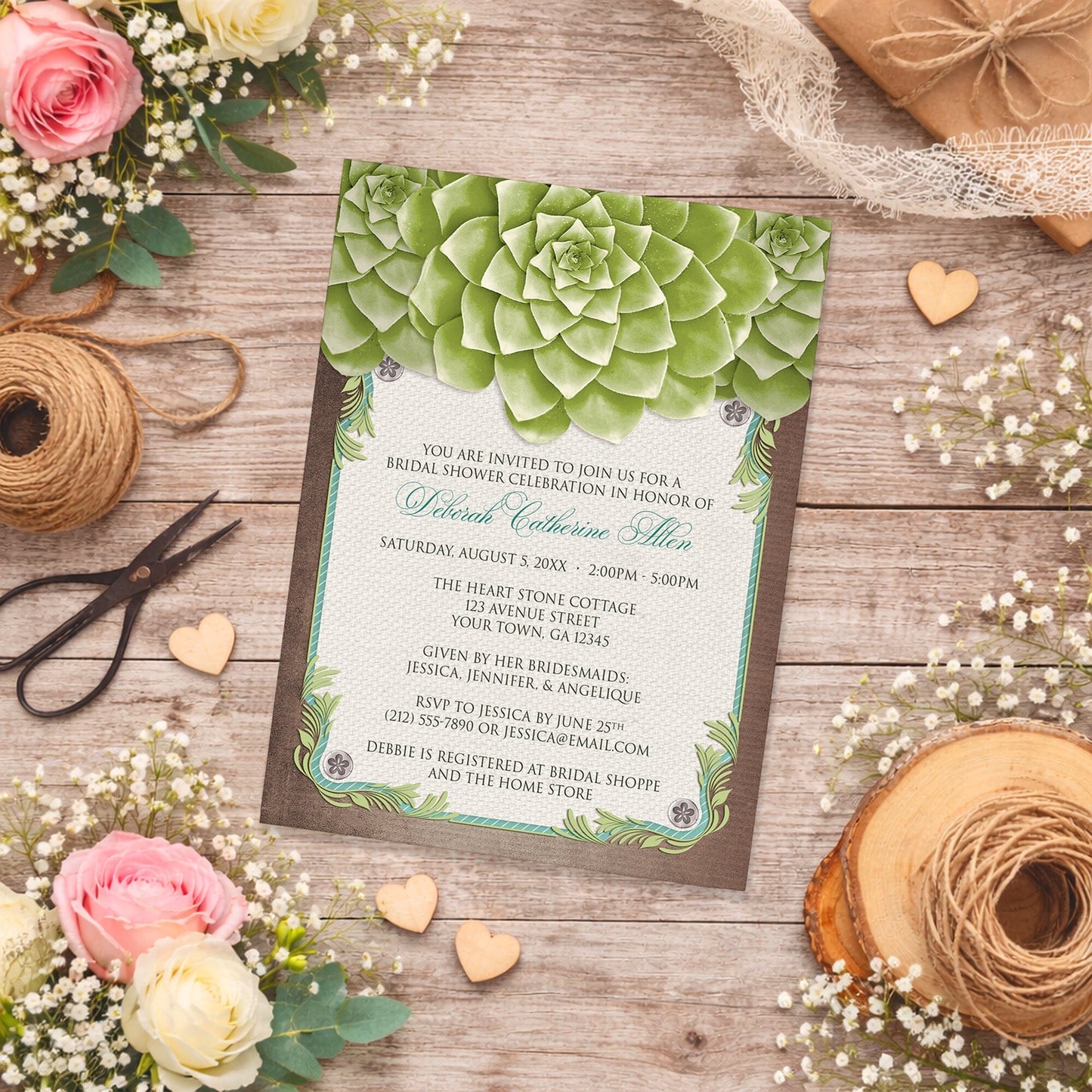 Rustic Succulent Garden Bridal Shower Invitation shown on a wooden surface with spring and summer flowers and twine.