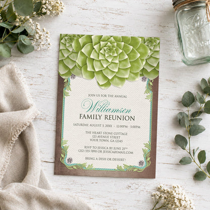 Rustic Succulent Garden Family Reunion Invitation shown on a wooden surface with plants and a small mason jar.