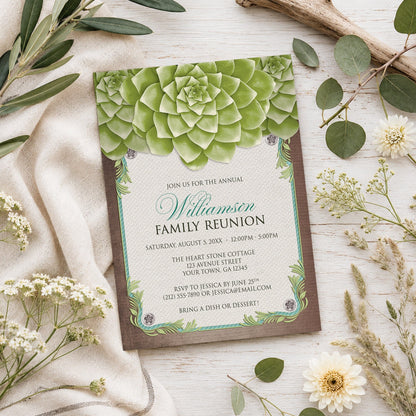 Rustic Succulent Garden Family Reunion Invitation shown on a wooden surface with spring and summer plants.