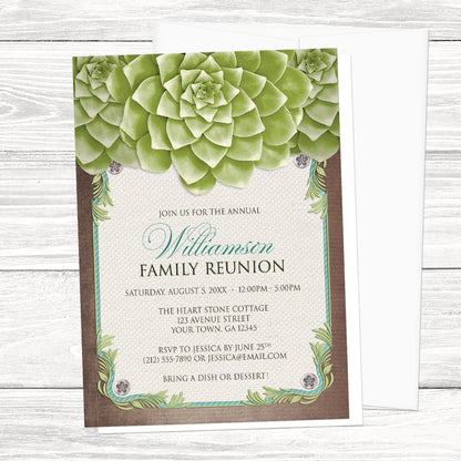Rustic Succulent Garden Family Reunion Invitation shown on a light wood surface with a white envelope.