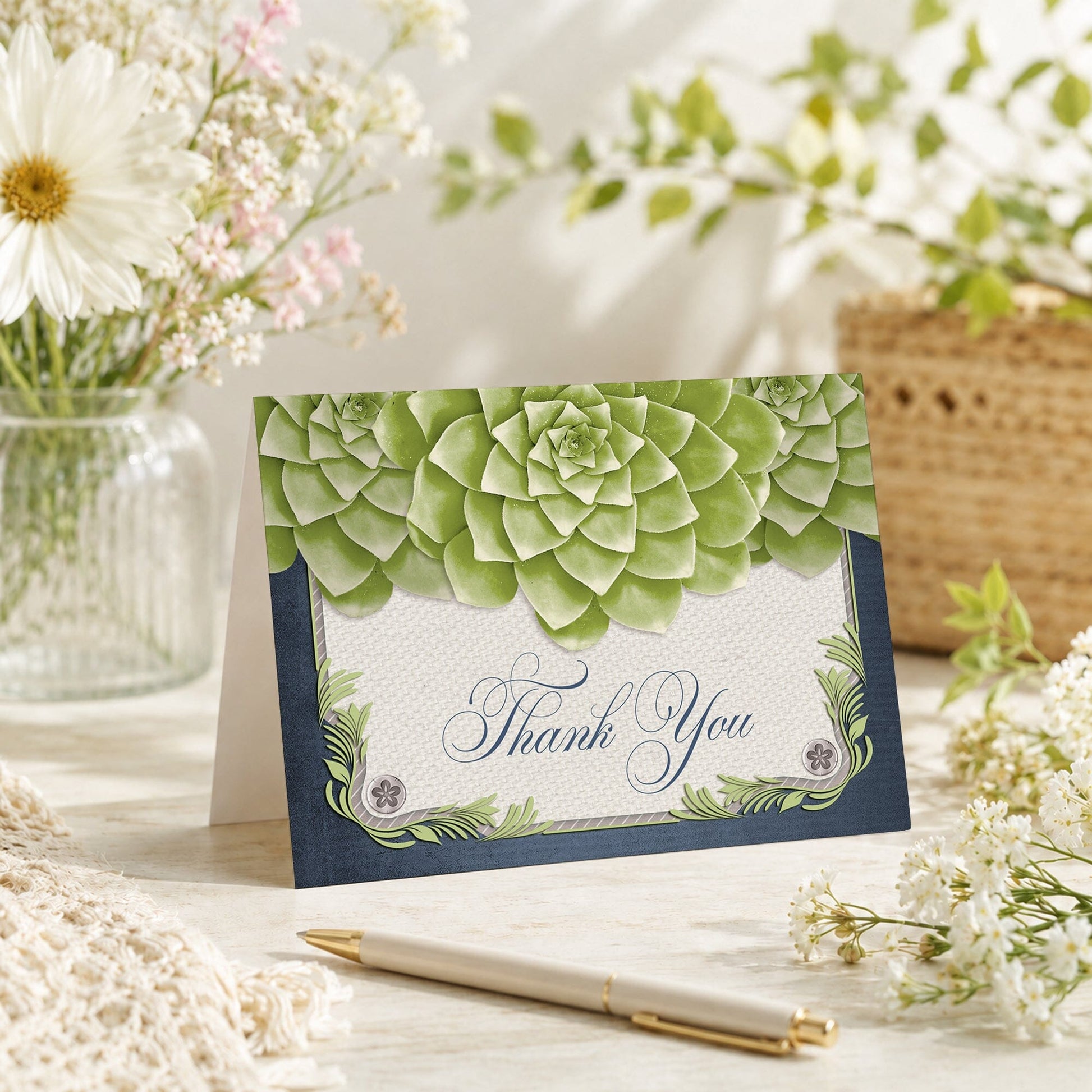 Rustic Succulent Garden Navy Thank You Card shown on a tabletop with a vase, spring and summer flowers, and a pen.