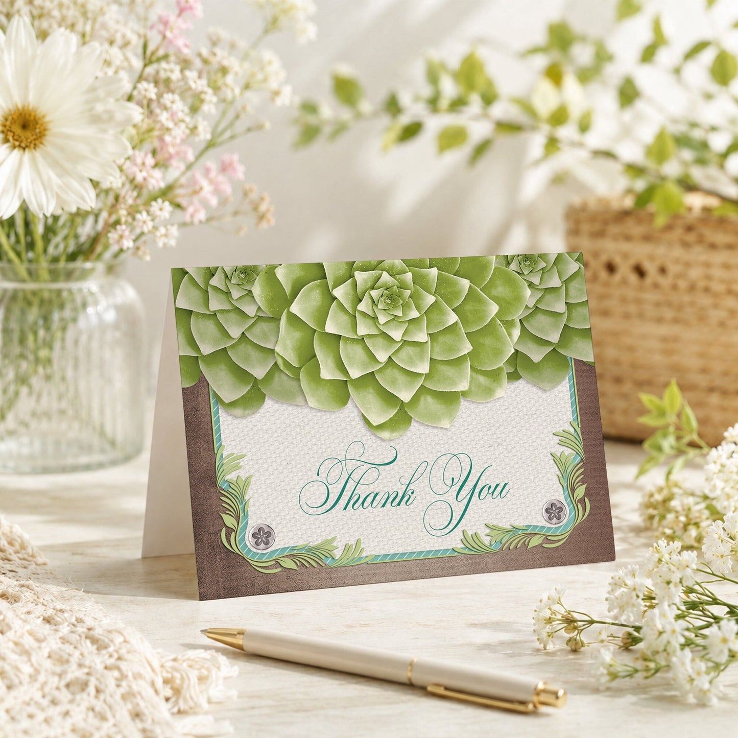 Rustic Succulent Garden Thank You Card shown on a tabletop with a vase, spring and summer flowers, and a pen.