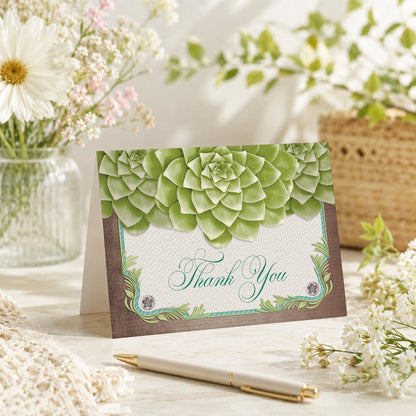 Rustic Succulent Garden Thank You Card shown on a tabletop with a vase, spring and summer flowers, and a pen.