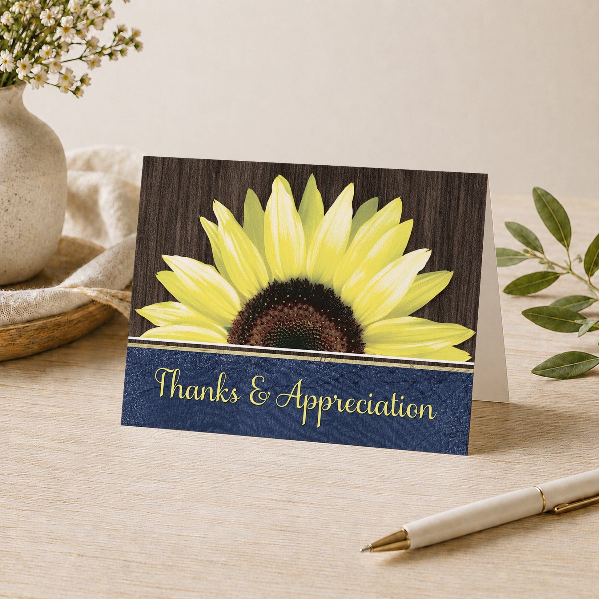 Rustic Sunflower Blue Thank You Card shown on a desk with a vase, plants, and a pen.