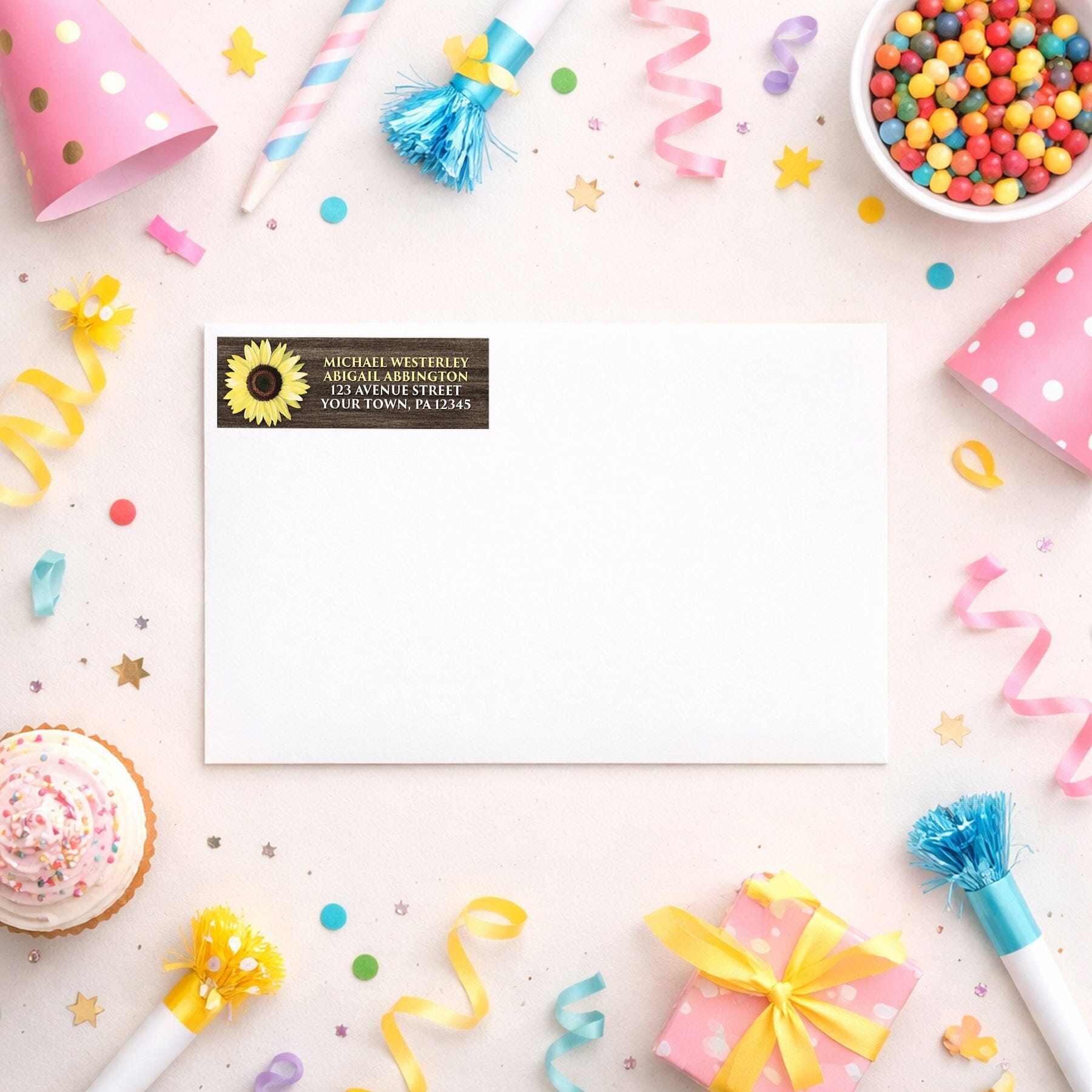 Rustic Sunflower Brown Wood Address Label shown on a white envelope with party supplies