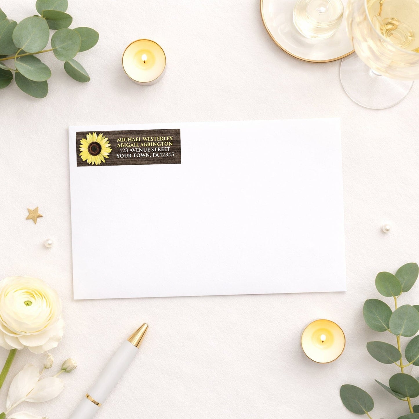 Rustic Sunflower Brown Wood Address Label shown on a white envelope with wedding and shower supplies