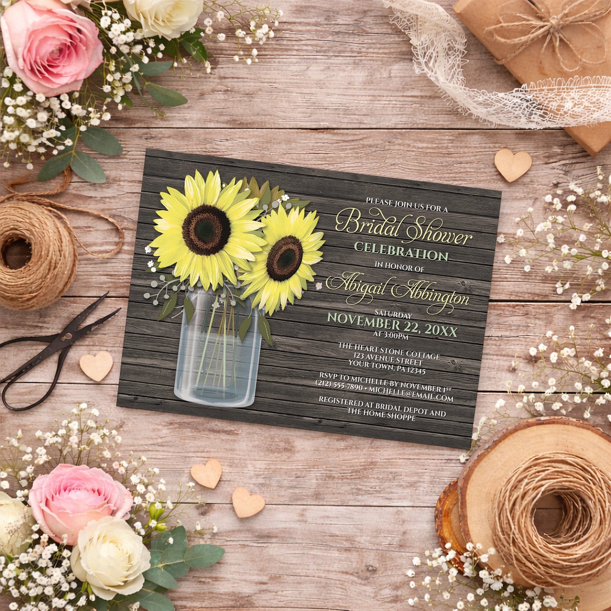 Rustic Sunflower Wood Mason Jar Bridal Shower Invitation on a wooden surface with flowers and twine.