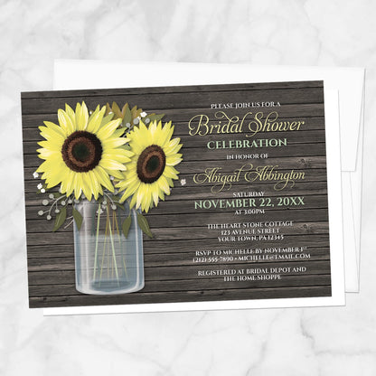 Bridal shower invitation with sunflowers and wooden background, shown with a white envelope