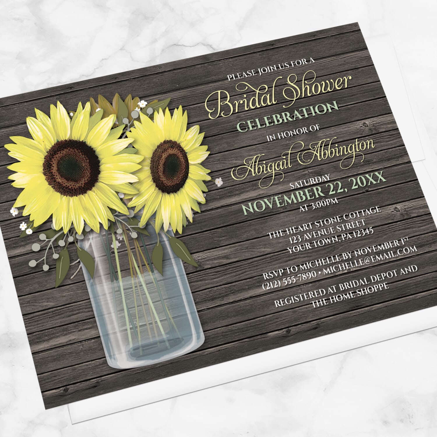 Bridal shower invitation with sunflowers and wooden background