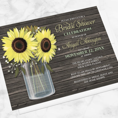 Bridal shower invitation with sunflowers and wooden background