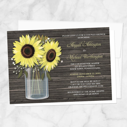 Rustic Sunflower Wood Mason Jar Couples Shower Invitation shown on a marble surface with a white envelope.