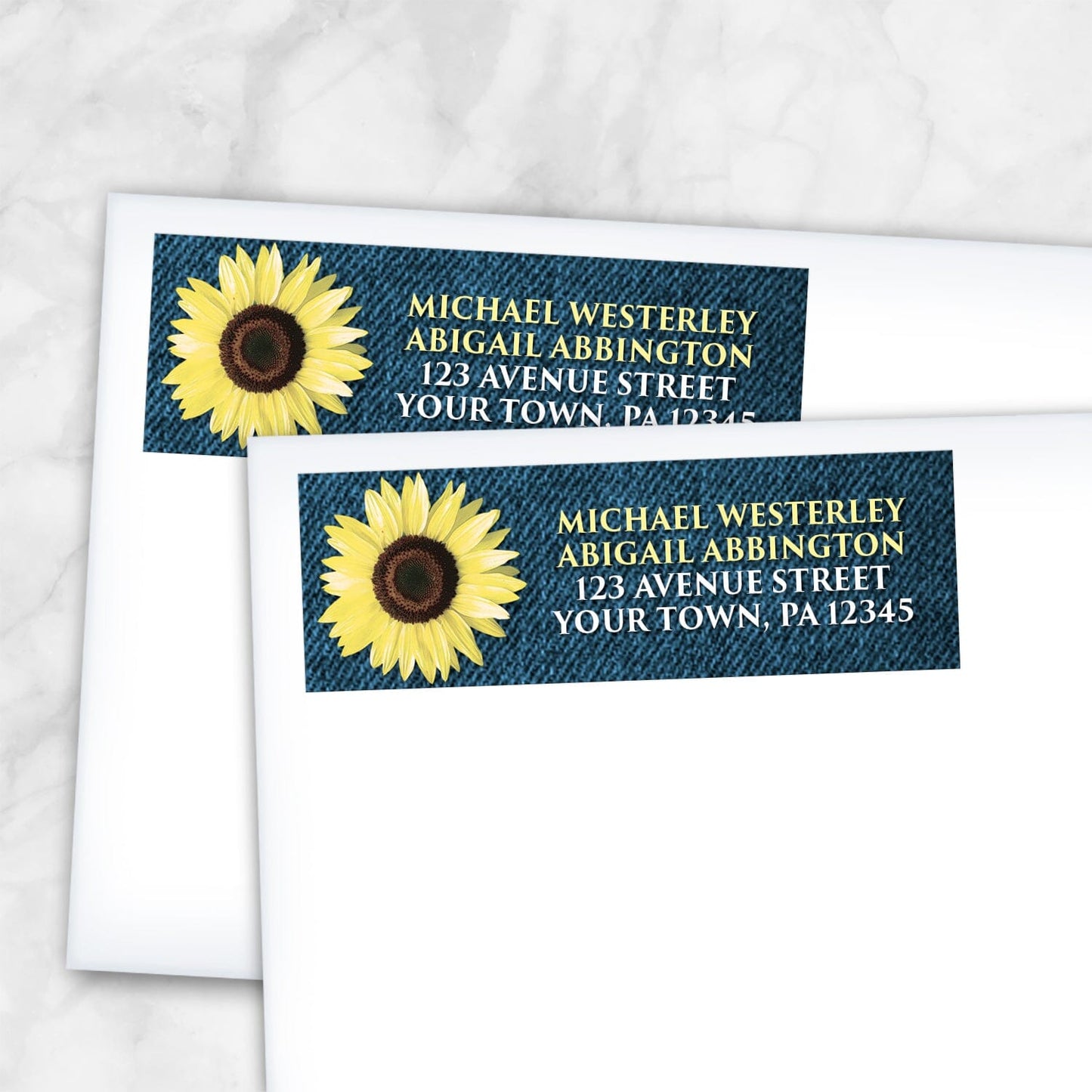 2 Rustic Sunflower and Denim Address Labels shown on white envelopes on a marble surface