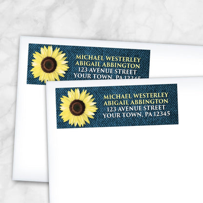 2 Rustic Sunflower and Denim Address Labels shown on white envelopes on a marble surface