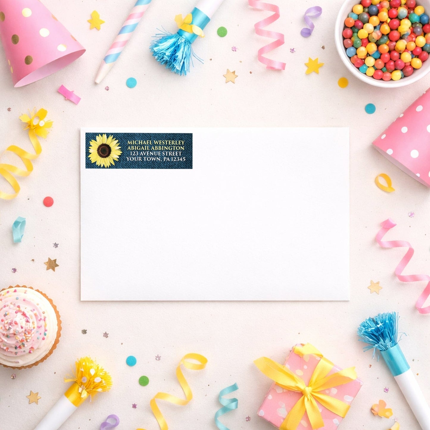 Rustic Sunflower and Denim Address Label shown on a white envelope with party supplies