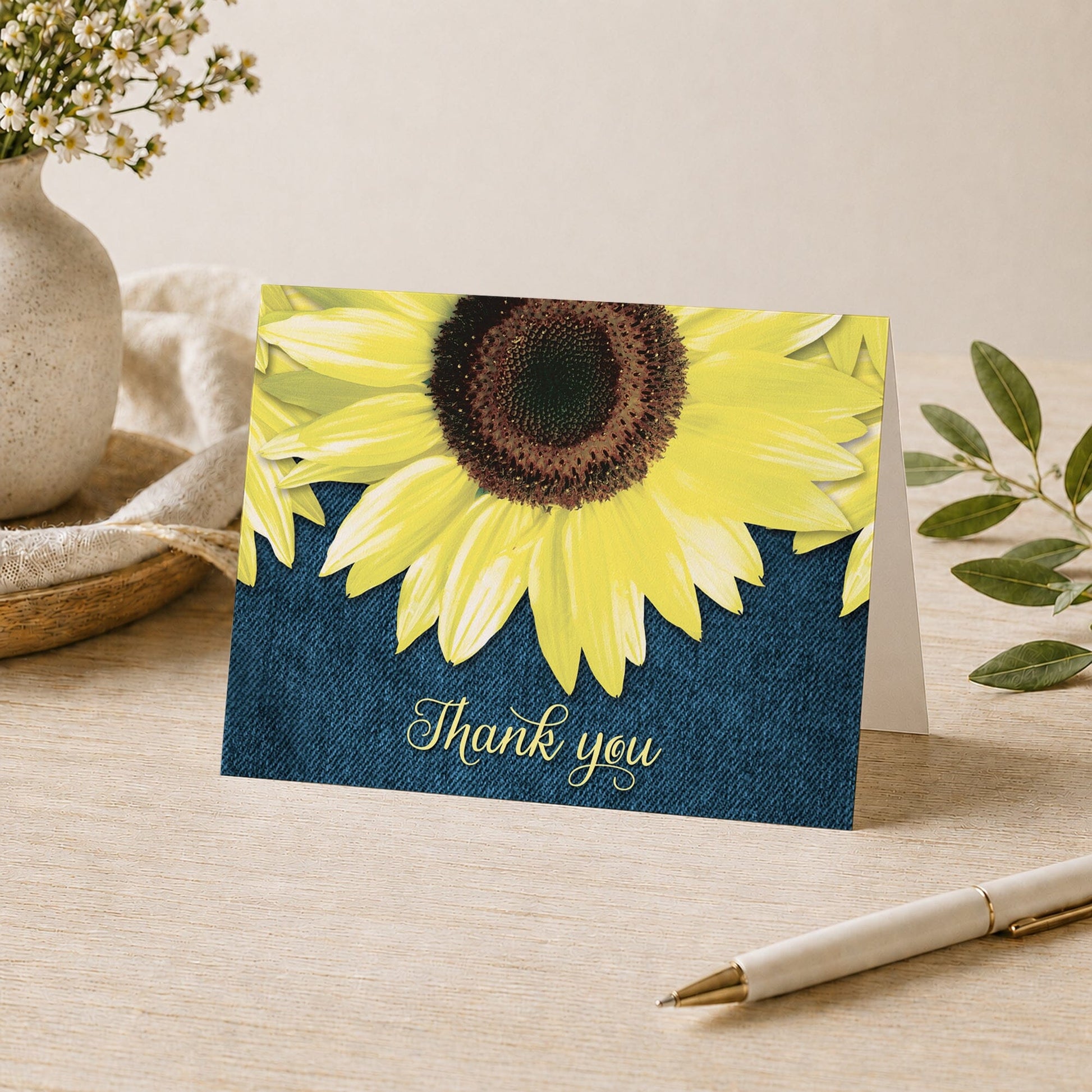 Rustic Sunflower and Denim Thank You Card shown on a desk with a vase, plants, and a pen.