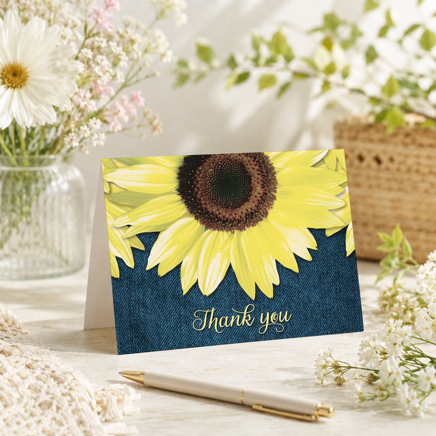 Rustic Sunflower and Denim Thank You Card shown on a tabletop with a vase, spring and summer flowers, and a pen.