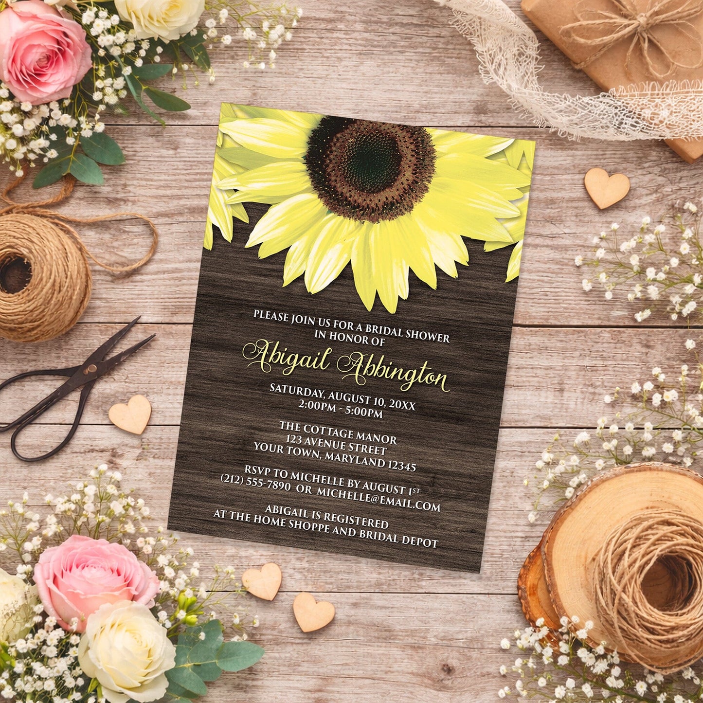 Rustic Sunflower and Wood Bridal Shower Invitation on a rustic wooden surface with flowers and twine.