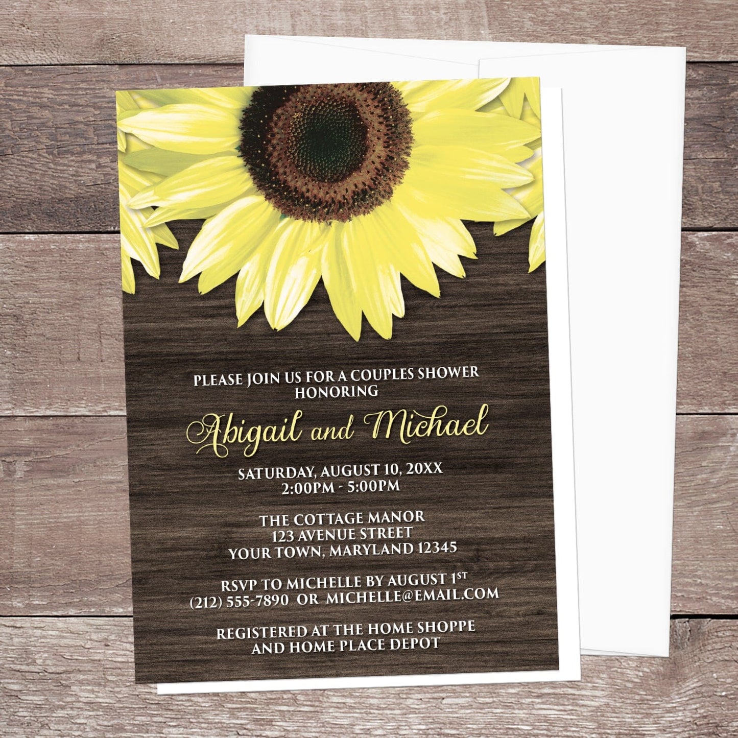 Rustic Sunflower and Wood Couples Shower Invitation shown on a brown wood surface with a white envelope.