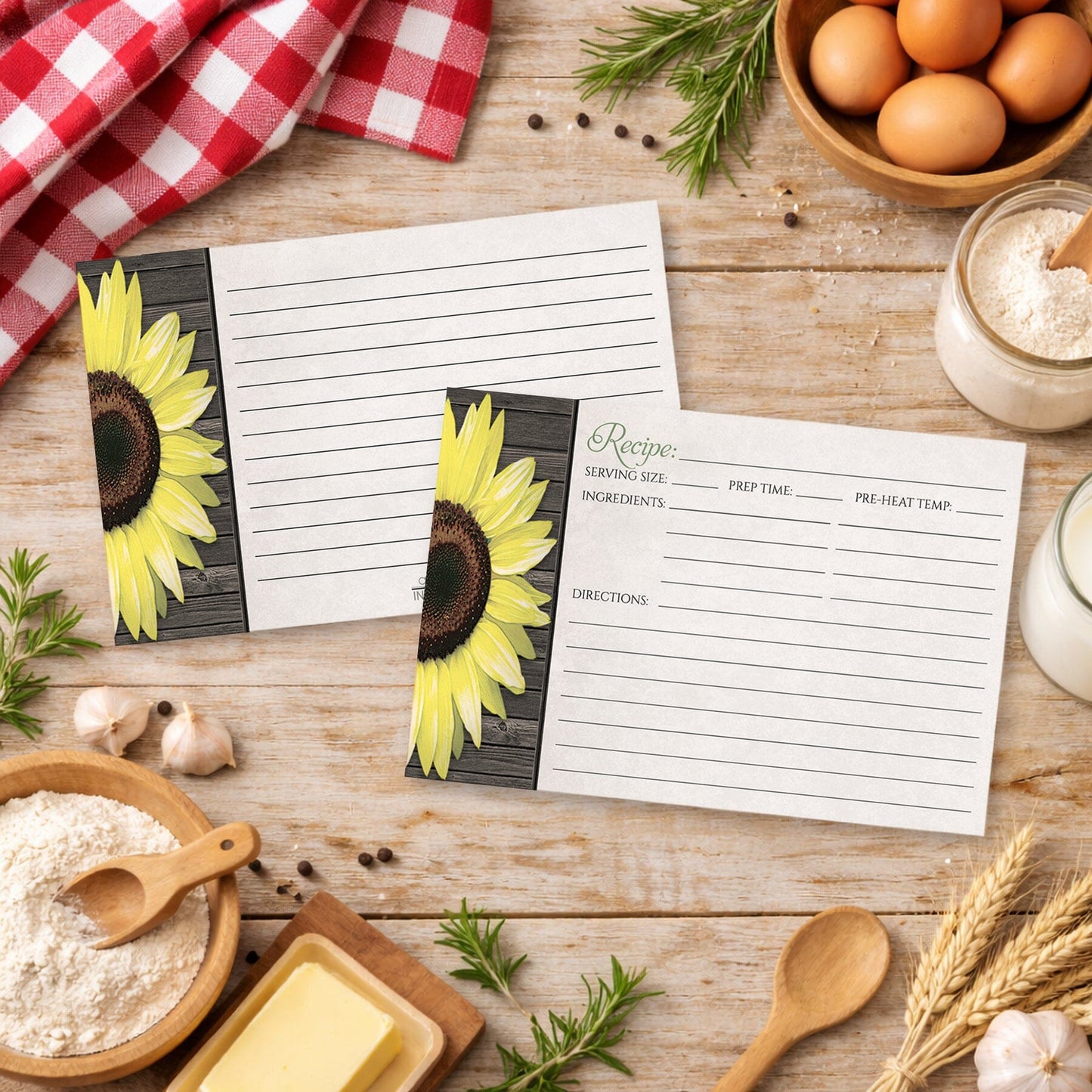 A set of Rustic Sunflower and Wood Recipe Cards on a country wood table with ingredients and rustic decor